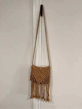 Hand Crafted Macramé Fringe Crossbody Bag in Tan